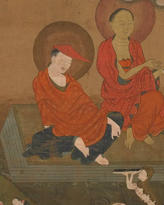 Two haloed monks in red robes seated on a rock beside bamboo, under a full moon.