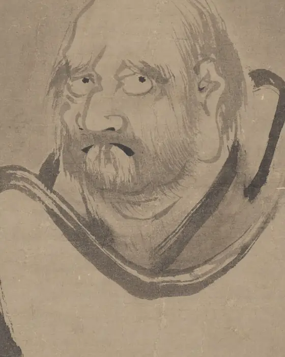 An ink painting of a bearded, wide-eyed figure wrapped in a robe, drawn in bold strokes.