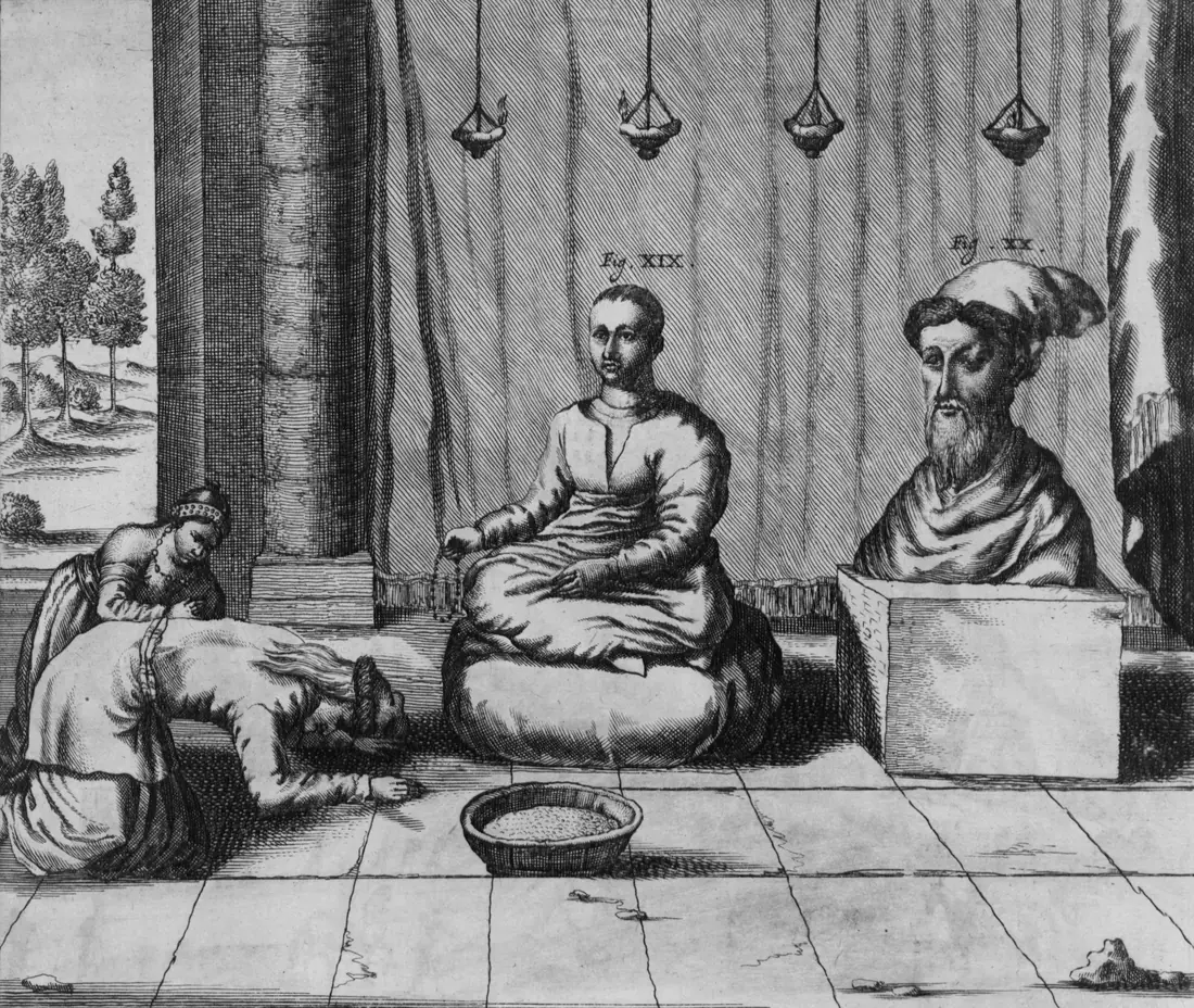 An engraving of two seated figures in a palace hall, one receiving a kneeling visitor.