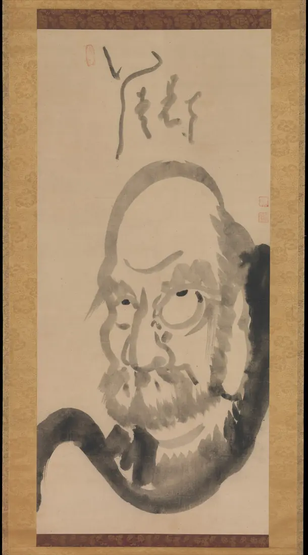 An ink painting of Bodhidharma's glaring face and robe.