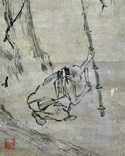 A sparse ink painting of a crouching figure chopping bamboo.