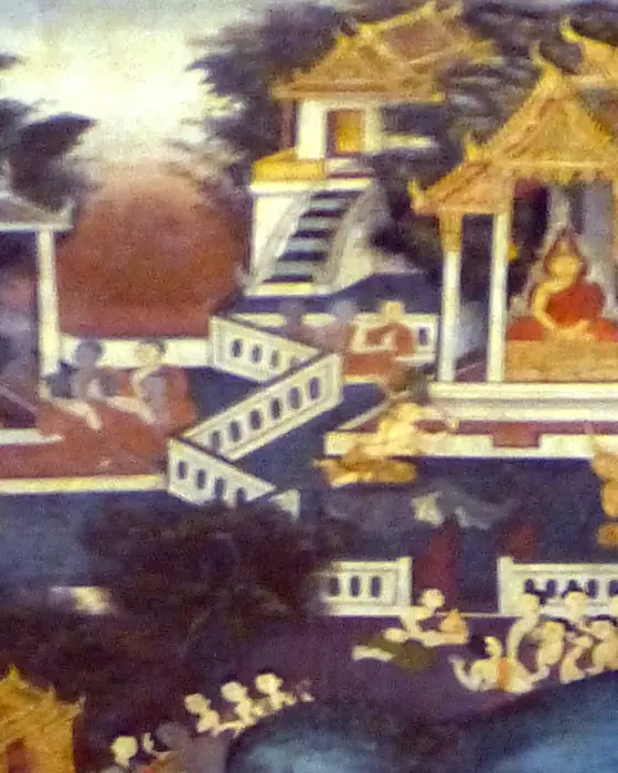 A mural detail of a golden Thai palace with small figures, set against a dark blue ground.
