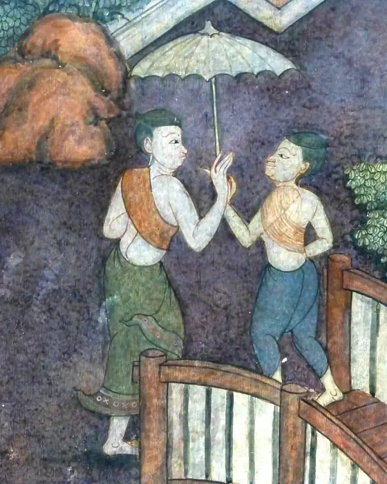 A mural detail of two figures under a parasol crossing a small bridge.
