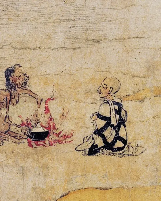 An ink and colour scroll painting: a starving figure crouches over a flaming bowl while a monk kneels nearby.