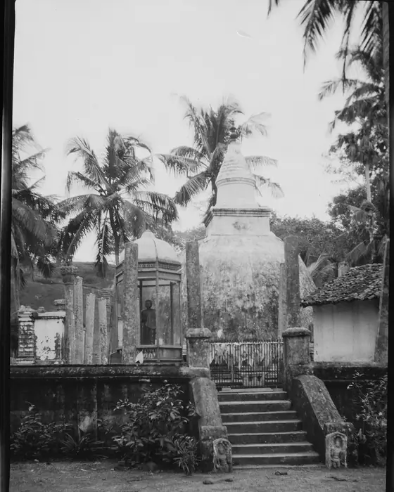 A black-and-white photograph of a white stupa at the top of stone steps, among palms.