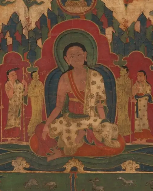 A painting of a seated yogi in white cloth before stylised mountains, with attendants on either side.
