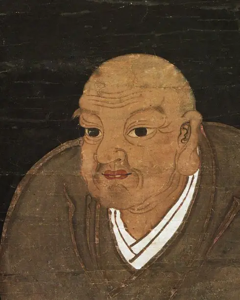 A painting of a heavy-set monk with a stern face in dark robes.