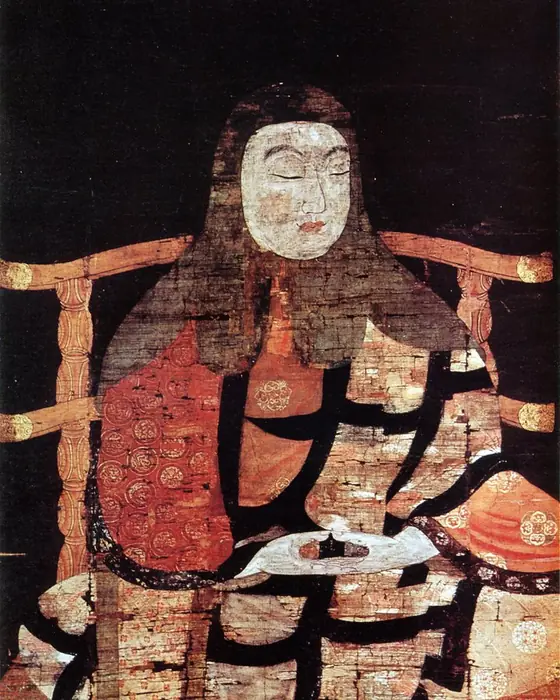 A worn painting of a monk seated in a high chair, his face pale and faded.