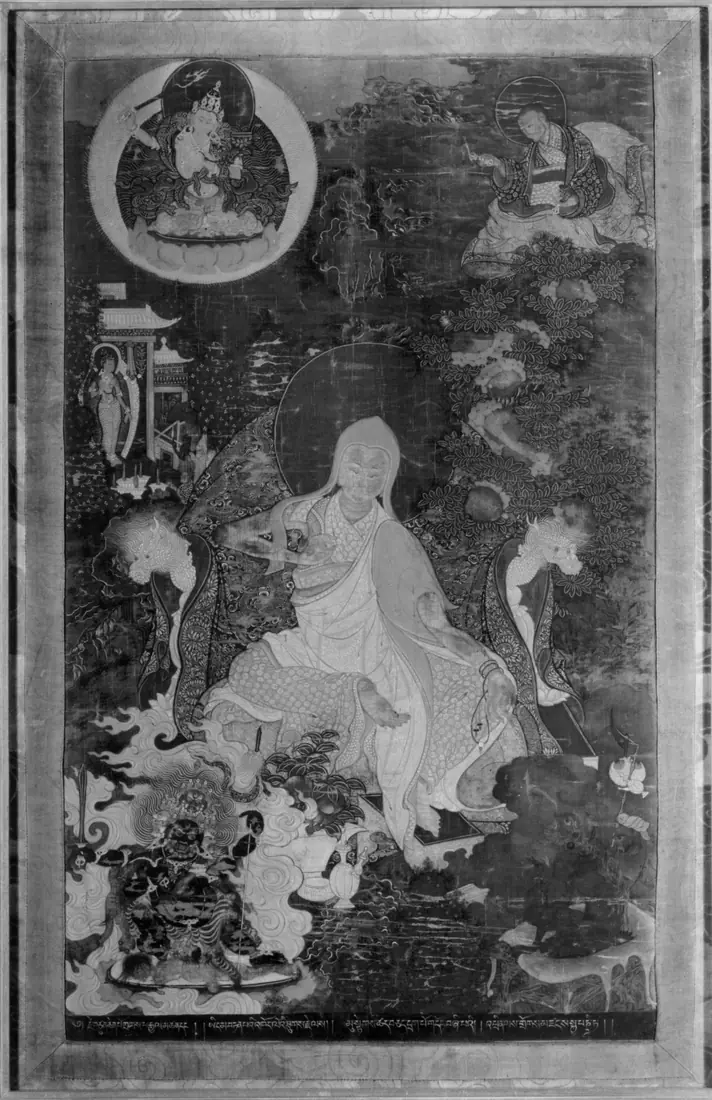 A dark Tibetan painting of a seated teacher.