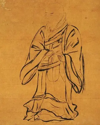 A spare ink sketch of a standing monk with hands joined, on an ochre ground.