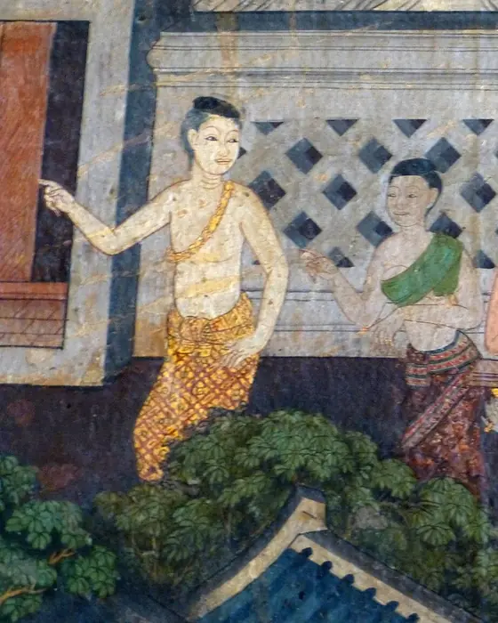 A mural detail of a young woman in a patterned skirt, gesturing towards a group of people behind a lattice wall.