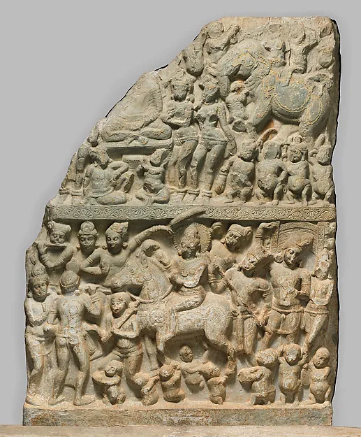 A carved limestone panel crowded with figures in two registers, showing the prince leaving the palace on horseback.