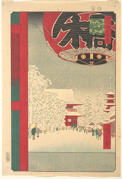A woodblock print of a temple gate in falling snow, framed by a huge red lantern, with a pagoda beyond.