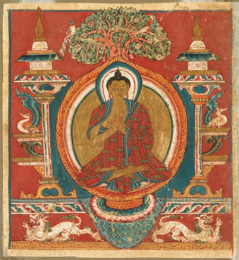 A small painting in red, blue and gold of a seated Buddha teaching, framed by pillars and a tree.